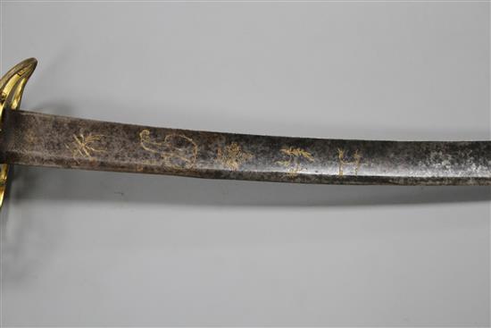 A Georgian infantry officers sword, fine gilt hilt, the curved blade gilt etched with GR and Royal Arms, blade 73.5cm, overall length